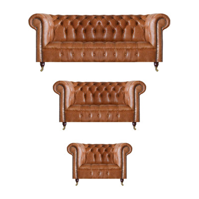 Divani in pelle Chesterfield marrone, design, 3 pezzi, arredamento salotto.