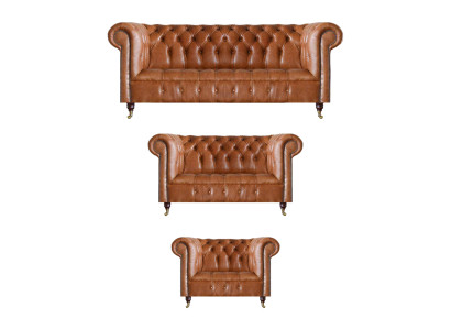Divani in pelle Chesterfield marrone, design, 3 pezzi, arredamento salotto.
