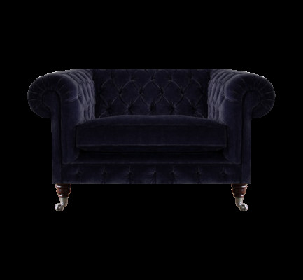 Poltrona Chesterfield blu scuro, singola, da designer per soggiorno.