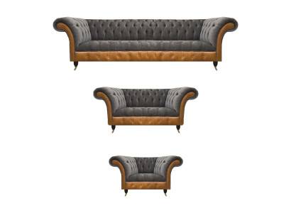 Gruppo salotto Chesterfield marrone-grigi poltrone in tessuto divani 3 pezzi