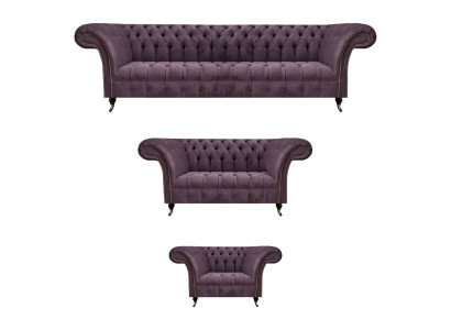 Chesterfield divani in tessuto lilla, divani imbottiti di design 3 pezzi.