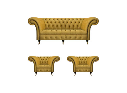 Chesterfield Set di sedute gialle Designer Tre posti Sedile reclinabile di qualità 3 pezzi
