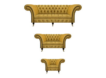 Nobile divano Chesterfield giallo in tessuto composto da 3 pezzi.