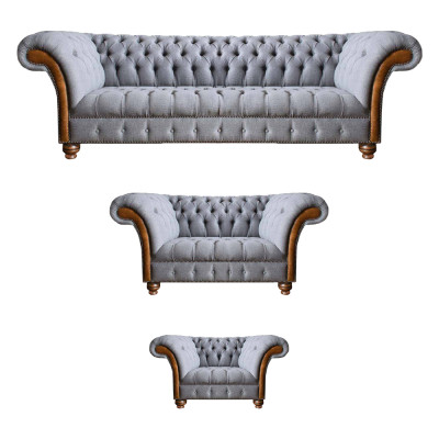 Chesterfield Set di divani imbottiti grigi chiaro in tessuto designer 3 pezzi.
