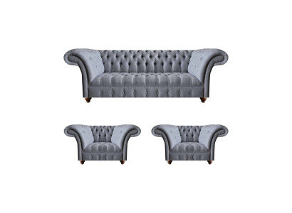 Chesterfield Set di divani grigi chiaro, elegante imbottitura, divano a tre posti, 2 poltrone.