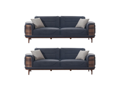 Due divani grigio scuro in stile moderno con gambe in legno per un soggiorno.