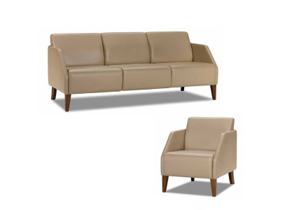 Soggiorno beige. Set divano in pelle Designer 3 posti Poltrona esclusiva 2 pezzi.