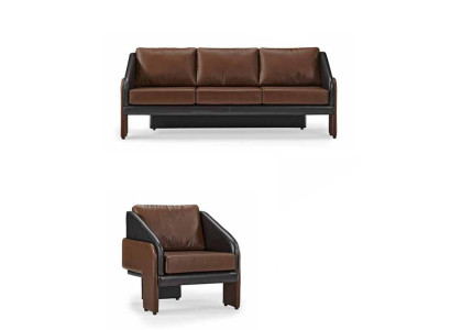 Marrone-nero set di sedili in pelle elegante divano a tre posti poltrona 2 pz