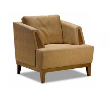 Sedia imbottita marrone in tessuto di design, poltrona moderna monoposto per la TV.