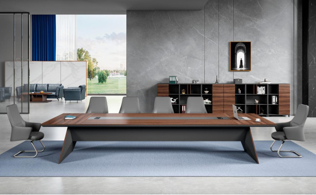 Tavolo da conferenza marrone-grigio del designer per l'ufficio in legno.