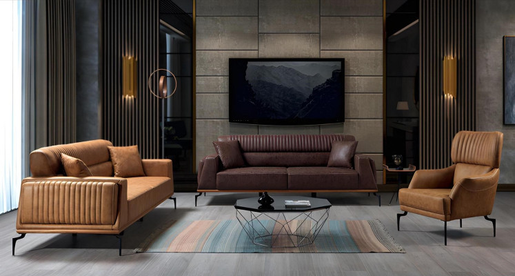 Divano in pelle moderno marrone, designer, tre posti, arredamento da designer per il soggiorno.