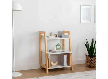 Mobile portaoggetti per libri beige e bianco in legno di alta qualità.