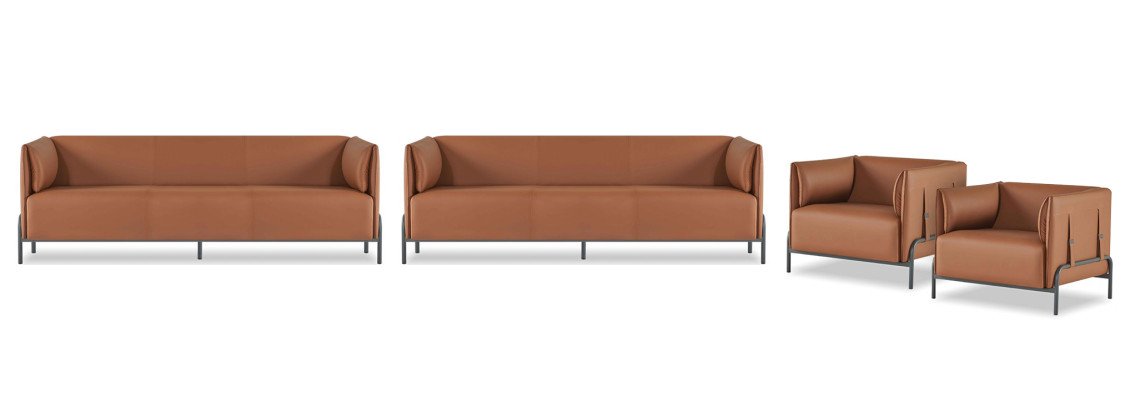 Marrone set di divani in pelle, mobili da ufficio di design, 2 poltrone a tre posti.