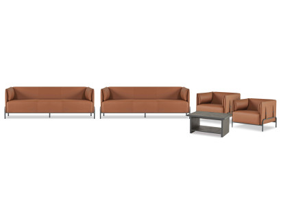 Marrone finto cuoio studio di design con 2 divani e poltrona con tavolino.