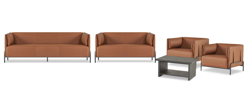 Arredamento salotto in pelle marrone per ufficio, composto da 5 pezzi, mobili da design.