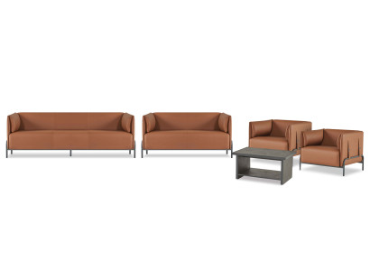 Arredamento salotto in pelle marrone per ufficio, composto da 5 pezzi, mobili da design.