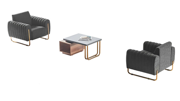 Set da studio 3 pezzi, 2 poltrone, tavolino, marrone grigio, design moderno