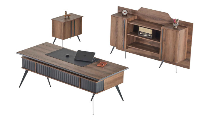 Set da ufficio 3 pezzi, scrivania, credenza, comò marrone e grigio bicolore