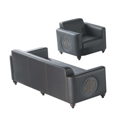 Set per ufficio 2 pezzi, divano a 3 posti nero tinta unita, design moderno.