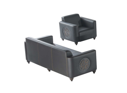 Set per ufficio 2 pezzi, divano a 3 posti nero tinta unita, design moderno.