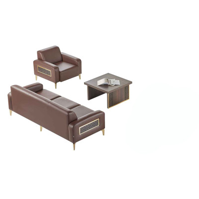 Set da ufficio 3 pezzi, divano a 3 posti, poltrona, tavolino, marrone, monocromatico, moderno.   Set da ufficio composto da 3 pezzi, divano a 3 posti, poltrona, tavolino, marrone, monocromatico, moderno.