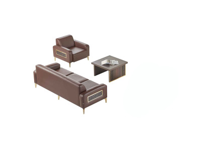 Set da ufficio 3 pezzi, divano a 3 posti, poltrona, tavolino, marrone, monocromatico, moderno.   Set da ufficio composto da 3 pezzi, divano a 3 posti, poltrona, tavolino, marrone, monocromatico, moderno.