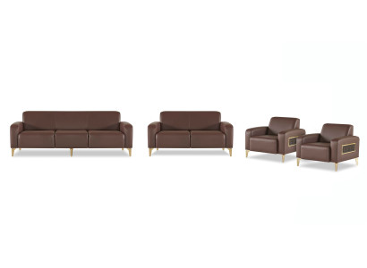 Set da ufficio con divano a 3 posti, divano a 2 posti e 2 poltrone, marrone, monocolore, moderno.