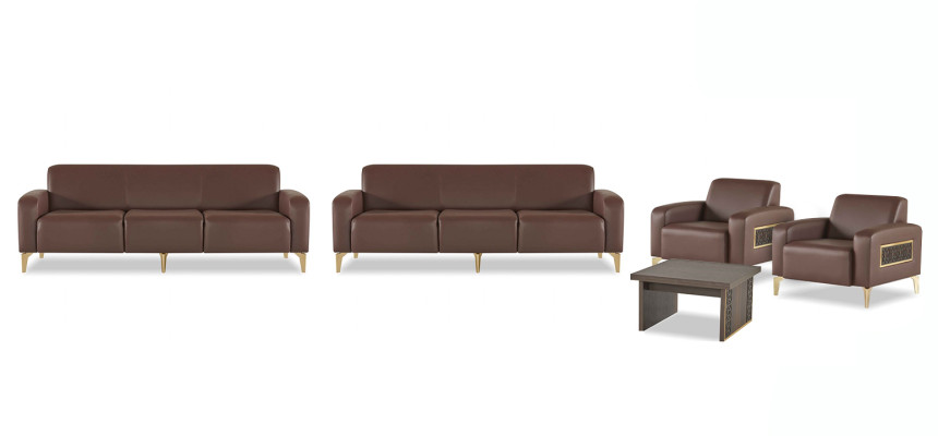Marrone set di mobili in pelle per ufficio con tre posti e due poltrone, tavolino.