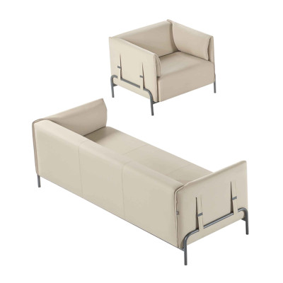Set da ufficio 2 pezzi, divano 3 posti color beige monocolore cuscini soggiorno