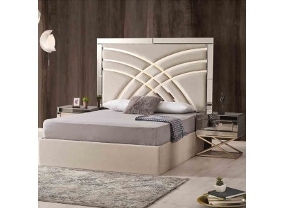 Mobili per la camera da letto beige, letto tessile di lusso in legno, 2 comodini, set da 3 pezzi.