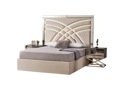 Mobili per la camera da letto beige, letto tessile di lusso in legno, 2 comodini, set da 3 pezzi.