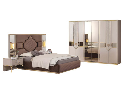 Set per la camera da letto marrone-beige con armadio, letto imbottito e comodini.