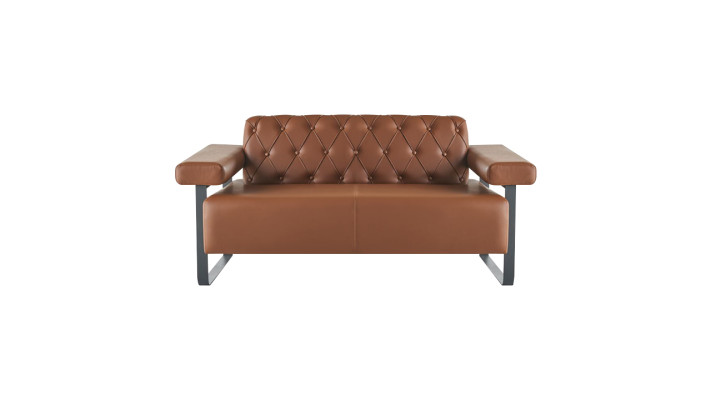 Divani in pelle Chesterfield marrone in acciaio inossidabile originale moderno a due posti, bottoni.