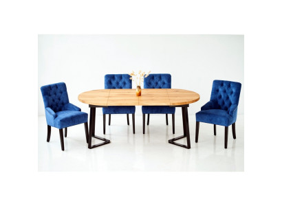 Mobili da sala da pranzo marroni e blu, tavolo da pranzo in legno progettato con 6 sedie Chesterfield imbottite.