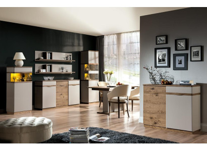 Vetrina in legno e vetro, credenza, mobile da soggiorno, collezione stile moderno, scaffale