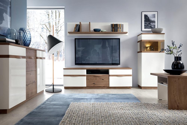 Vetrina in legno e vetro, credenza, mobile da soggiorno, collezione stile moderno, scaffale