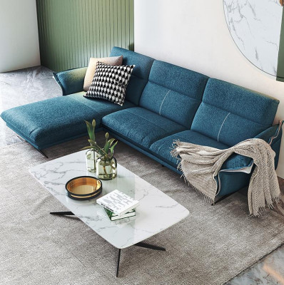 Tessuto divano a L forma, salotto per soggiorno, set divano angolare design moderno, divano blu nuovo.