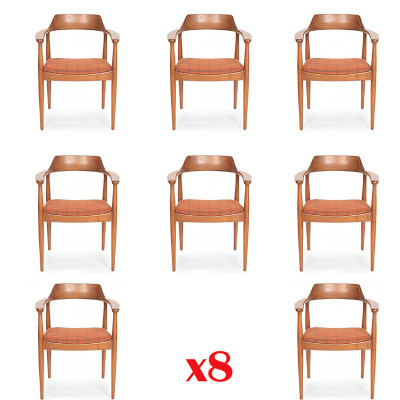 Set di 8 sedie design in legno e tessuto per la sala da pranzo.