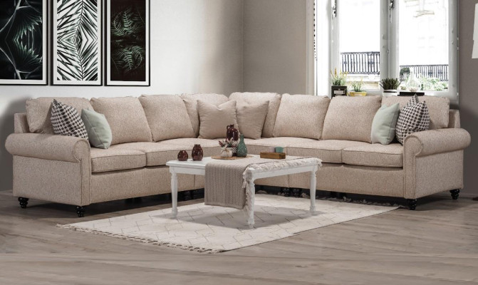Moderno divano d'angolo per il soggiorno, design a forma di L, beige, arredamento di lusso per divano.