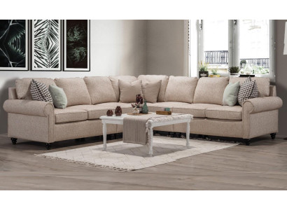 Moderno divano d'angolo per il soggiorno, design a forma di L, beige, arredamento di lusso per divano.