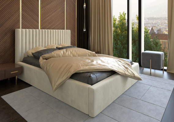 Letto beige Letto matrimoniale in legno Moderno Letto elegante Imbottito Tessuto Camera da letto Nuovo