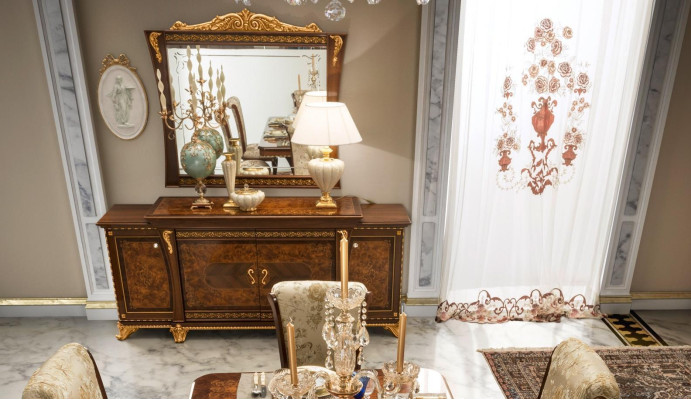 Set di cassettiere Mobili italiani 2 pezzi. Cassettiera con specchio in legno massello Sideboard.