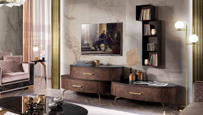 Set da soggiorno: design con 2 comò, mensola a muro, parete attrezzata, armadi, 4 pezzi.