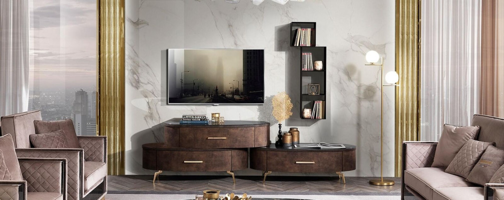 Set da soggiorno: design con 2 comò, mensola a muro, parete attrezzata, armadi, 4 pezzi.