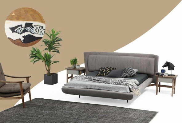 Imposta camera da letto con letto matrimoniale grigio con comodini, set di 3 pezzi in tessuto.