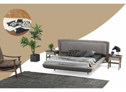 Imposta camera da letto con letto matrimoniale grigio con comodini, set di 3 pezzi in tessuto.