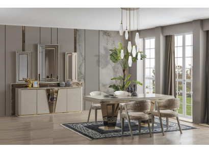 Set da pranzo di lusso per sala da pranzo, tavolo da pranzo con sedie beige, 6 pezzi.