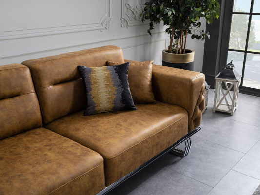 Set di divani completi, divano 3 posti con poltrona in similpelle marrone, set di 2 pezzi