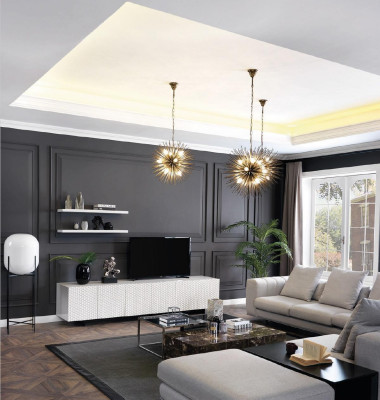 Divano ad angolo a L con mensola TV, design divani imbottiti in tessuto 2 pezzi.