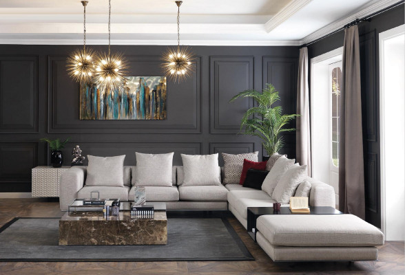 Soggiorno divano angolare a L in tessuto imbottito design